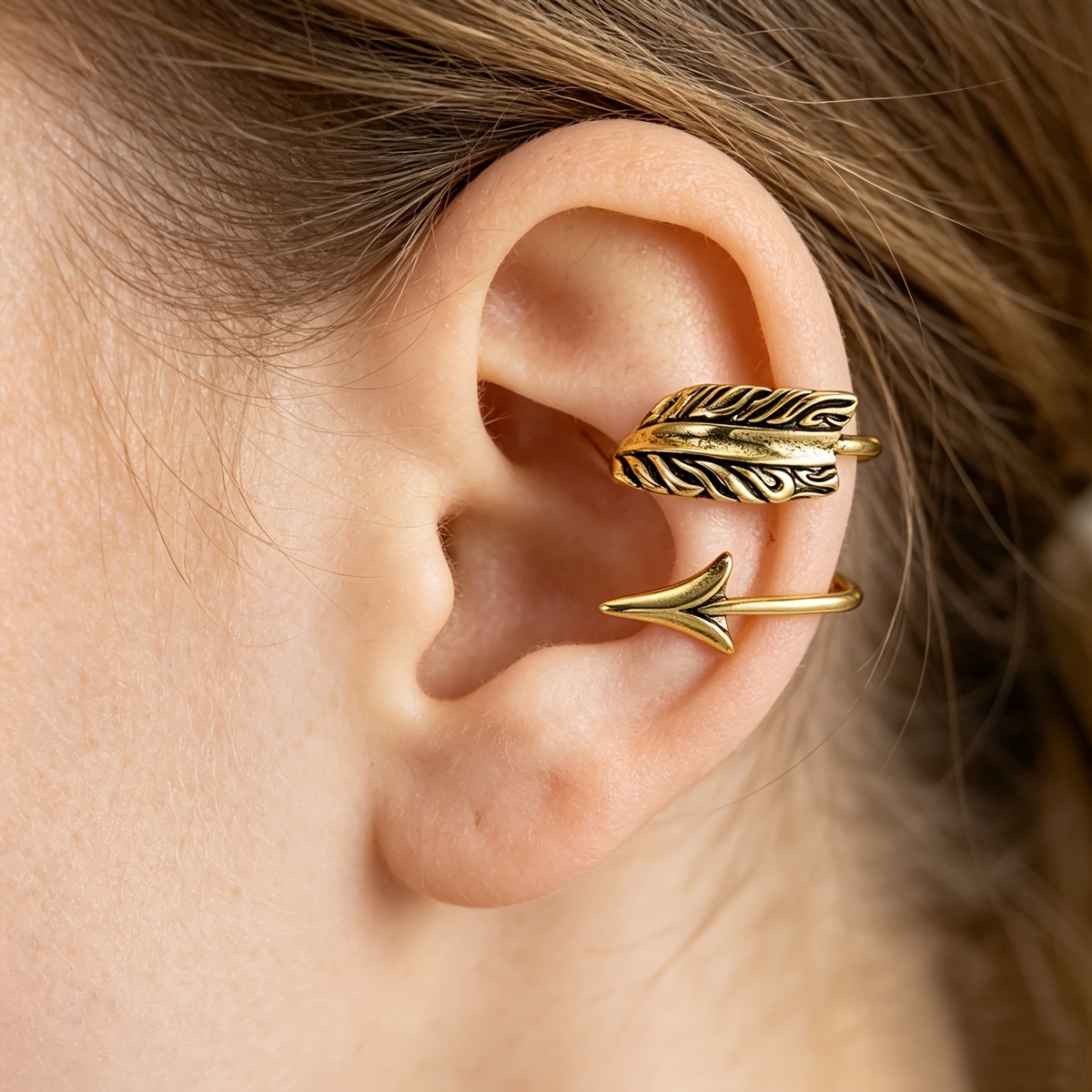 Women's Copper Feather Design Ear Clips with Synthetic Zirconia Inlay